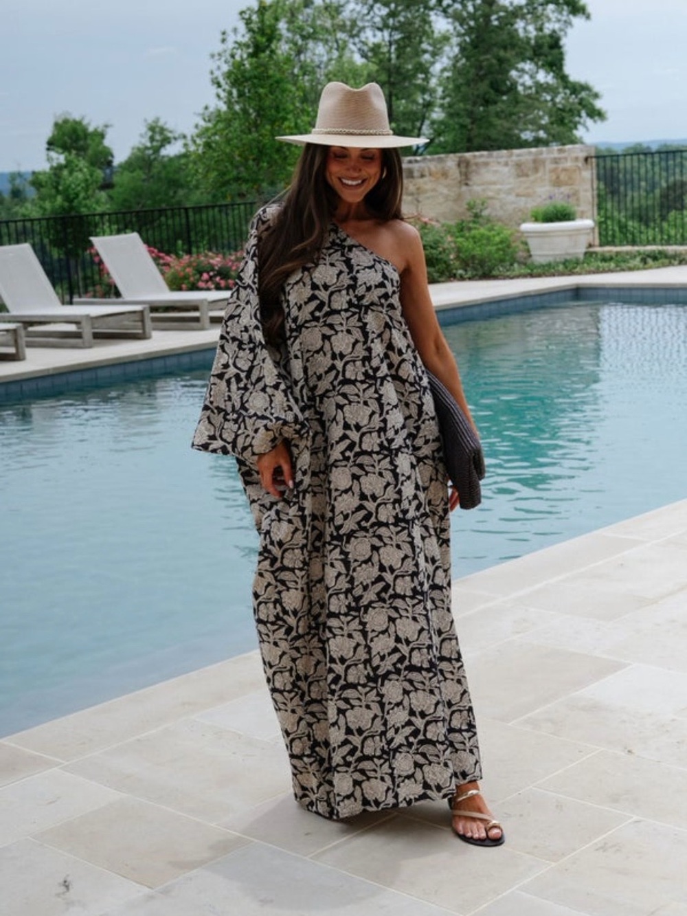 Tulum One Shoulder Maxi-Black/Cream Floral